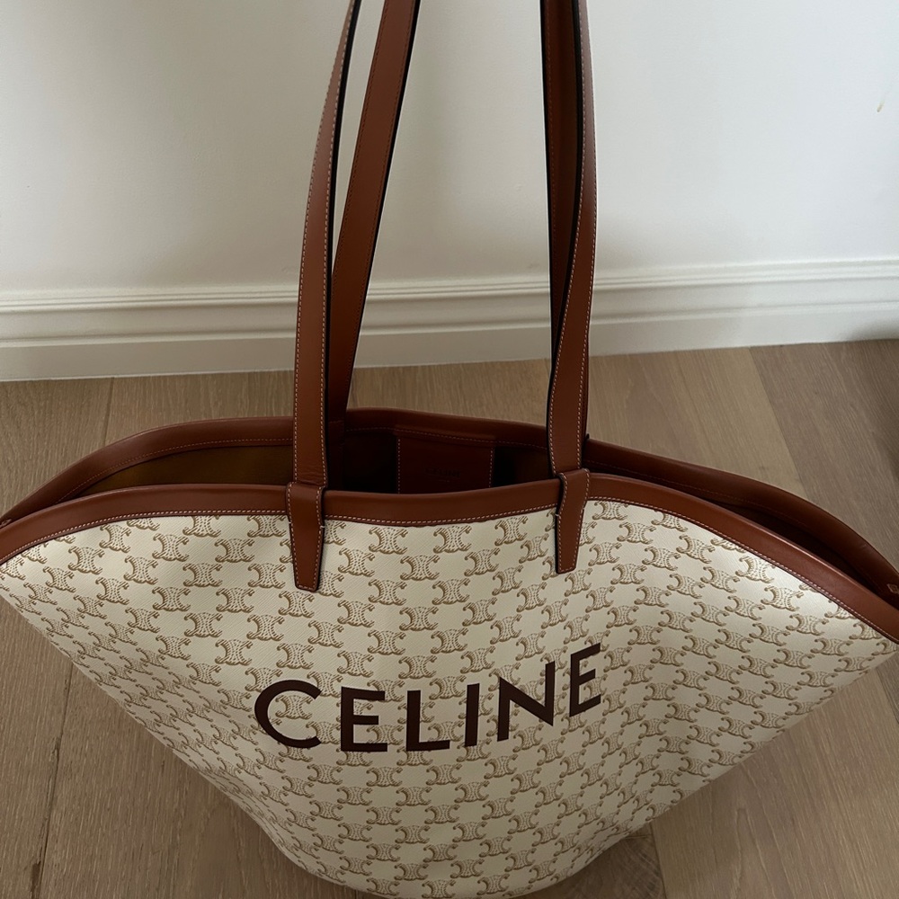 Celine Couffin Large Coated Canvas & Leather Tote white